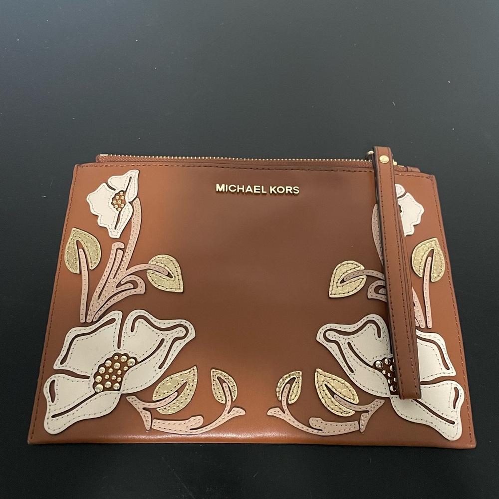 Michael Kors Embellished Leather Wristlet, Tan and Gold, EUC!
